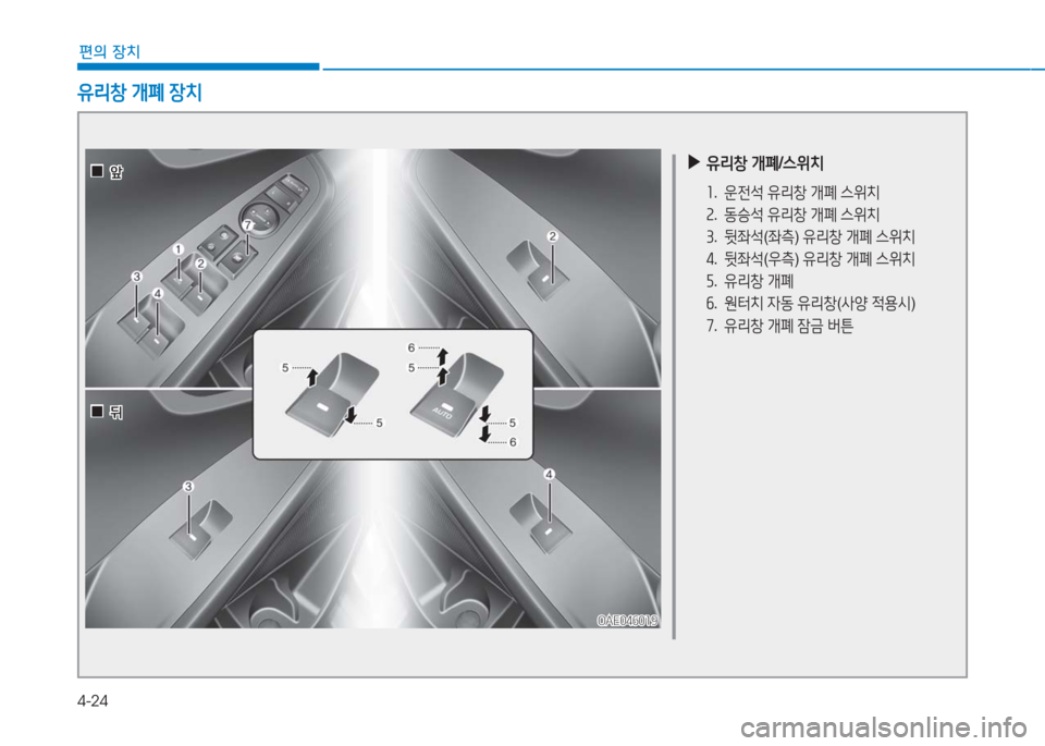 Hyundai Ioniq Electric 2016  아이오닉 Electric - 사용 설명서 (in Korean) 4-24
편의 장치
 ▶유리창 개폐/스위치
1. 운전석 유리창 개폐 스위치
2. 동승석 유리창 개폐 스위치
3. 뒷좌석(좌측) 유리창 개폐 스위치
4. 뒷좌석(우측) 