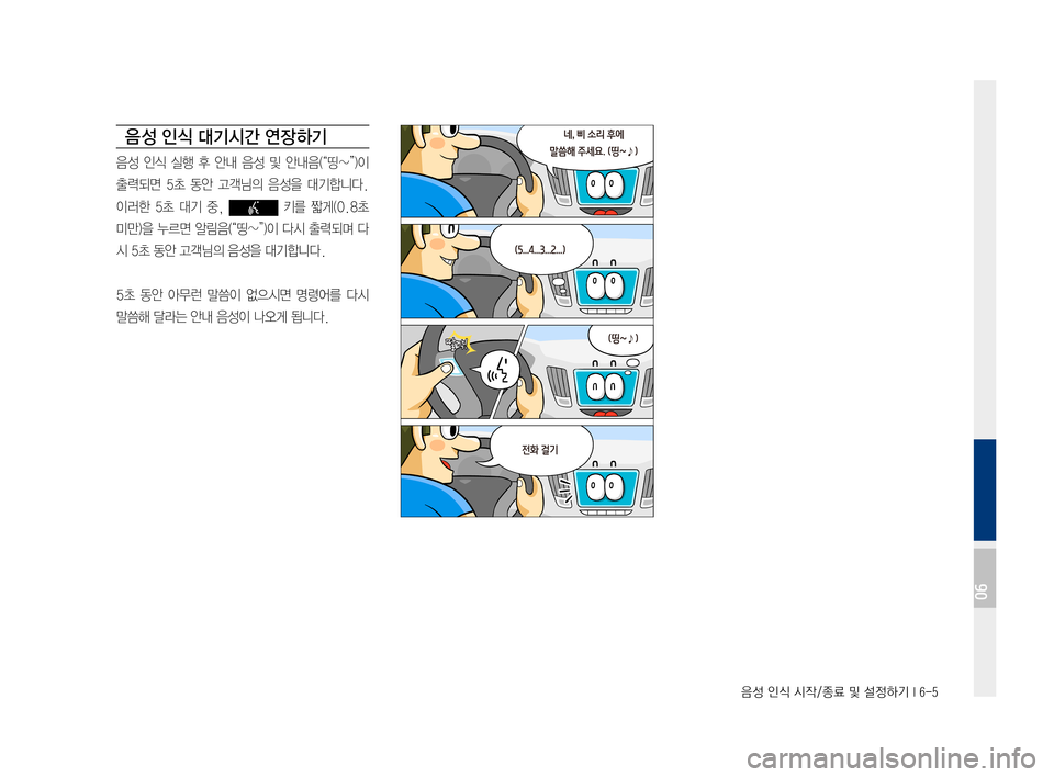 Hyundai Ioniq Electric 2016  표준4 내비게이션 (in Korean) 음성 인식 시작/종료 및 설정하기 I 6-5
음 성 인식 대기시간 연장 하기
음성	인식	실행	후	안내	 음성	및	안내음(“띵~”)이	
출력되면	 5초	동안	 고객님