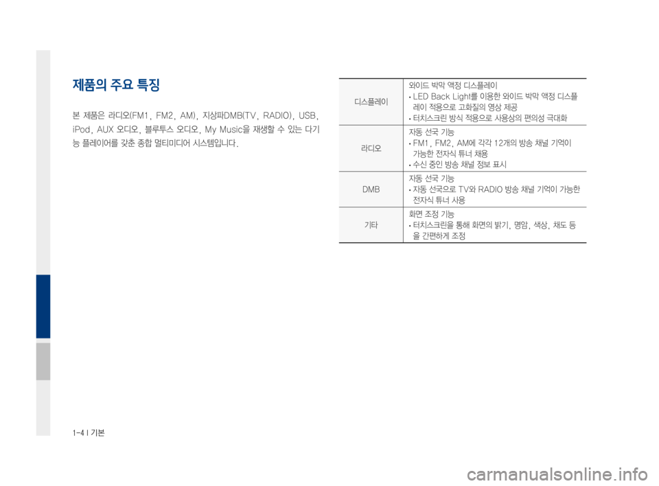 Hyundai Ioniq Electric 2016  표준4 내비게이션 (in Korean) 1-4 I 기본
디스플레이
와이드	박막	액정	디스플레이
	·	 LED	Back	Light를	이용한	와이드	박막	액정	디스플
레이	적용으로	고화질의	영상	제공
	·터치스크
