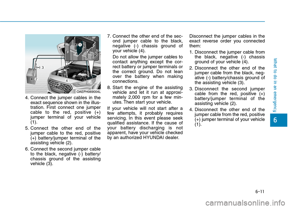 Hyundai Ioniq Hybrid 2020 Owners Manual 6-11
What to do in an emergency
4. Connect the jumper cables in the
exact sequence shown in the illus-
tration. First connect one jumper
cable to the red, positive (+)
jumper terminal of your vehicle
Hyundai Ioniq Hybrid 2020 Owners Manual 6-11
What to do in an emergency
4. Connect the jumper cables in the
exact sequence shown in the illus-
tration. First connect one jumper
cable to the red, positive (+)
jumper terminal of your vehicle