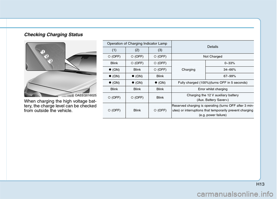 Hyundai Ioniq Hybrid 2020  Owners Manual - RHD (UK, Australia) H13
Checking Charging Status
When charging the high voltage bat-
tery, the charge level can be checked
from outside the vehicle.
OAEEQ016025
Operation of Charging Indicator LampDetails(1)(2)(3)
(OFF)