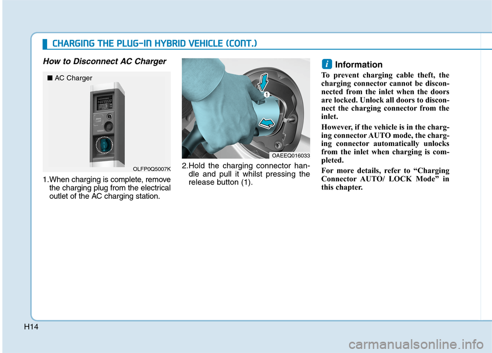 Hyundai Ioniq Hybrid 2020  Owners Manual - RHD (UK, Australia) H14
How to Disconnect AC Charger
1.When charging is complete, remove
the charging plug from the electrical
outlet of the AC charging station.2.Hold the charging connector han-
dle and pull it whilst p