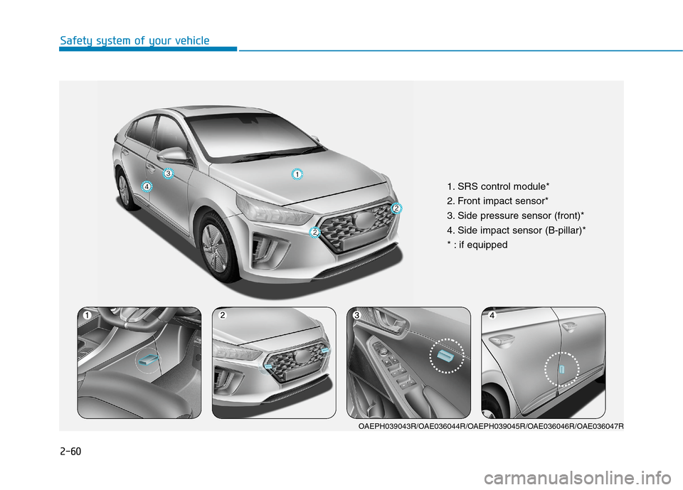 Hyundai Ioniq Hybrid 2020  Owners Manual - RHD (UK, Australia) 2-60
Safety system of your vehicle
1. SRS control module*
2. Front impact sensor*
3. Side pressure sensor (front)*
4. Side impact sensor (B-pillar)*
* : if equipped
OAEPH039043R/OAE036044R/OAEPH039045