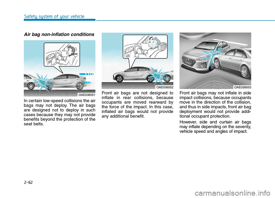 Hyundai Ioniq Hybrid 2020  Owners Manual - RHD (UK, Australia) 2-62
Safety system of your vehicle
Air bag non-inflation conditions 
In certain low-speed collisions the air
bags may not deploy. The air bags
are designed not to deploy in such
cases because they may