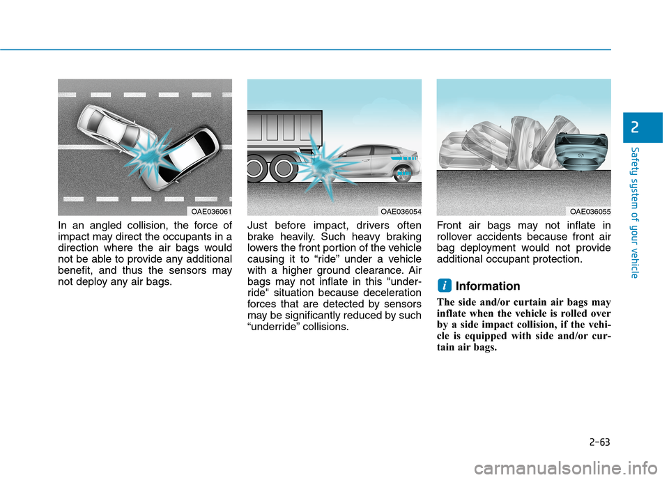 Hyundai Ioniq Hybrid 2020  Owners Manual - RHD (UK, Australia) 2-63
Safety system of your vehicle
2
In an angled collision, the force of
impact may direct the occupants in a
direction where the air bags would
not be able to provide any additional
benefit, and thu