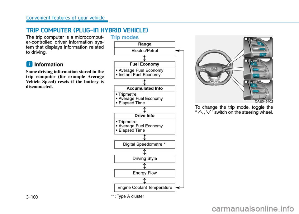 Hyundai Ioniq Hybrid 2020  Owners Manual - RHD (UK, Australia) 3-100
The trip computer is a microcomput-
er-controlled driver information sys-
tem that displays information related
to driving.
Information 
Some driving information stored in the
trip computer (for