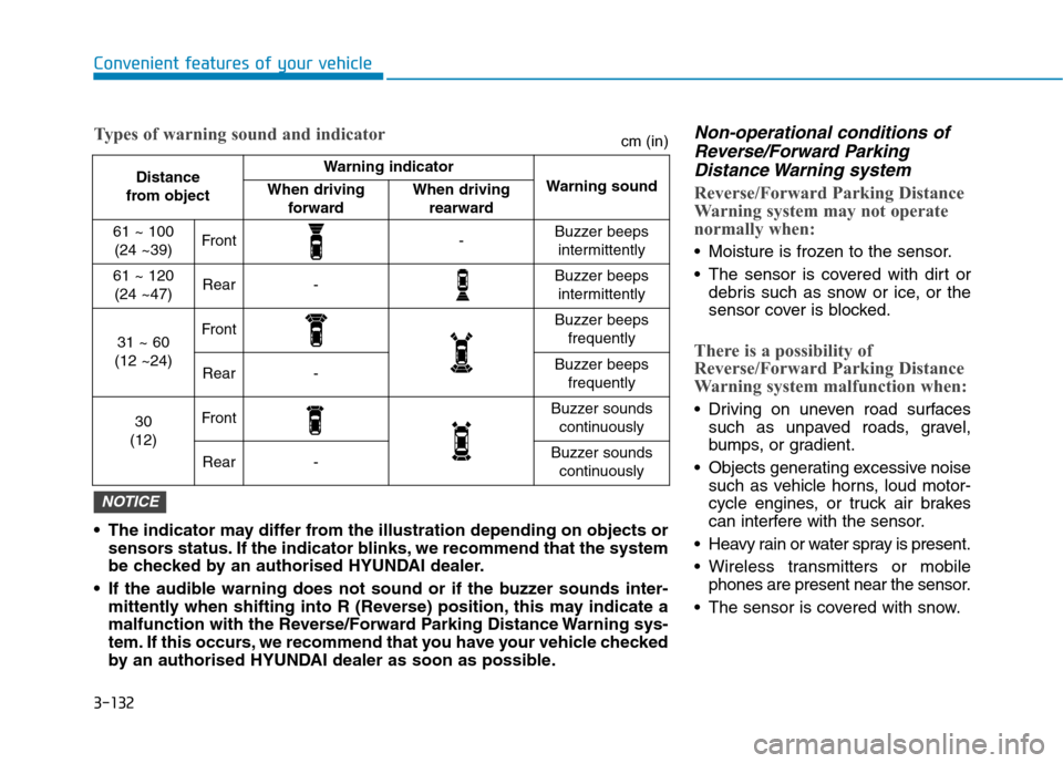 Hyundai Ioniq Hybrid 2020 Owners Manual - RHD (UK, Australia) 3-132
Convenient features of your vehicle
Non-operational conditions of
Reverse/Forward Parking
Distance Warning system
Reverse/Forward Parking Distance
Warning system may not operate
normally when:
Hyundai Ioniq Hybrid 2020 Owners Manual - RHD (UK, Australia) 3-132
Convenient features of your vehicle
Non-operational conditions of
Reverse/Forward Parking
Distance Warning system
Reverse/Forward Parking Distance
Warning system may not operate
normally when: