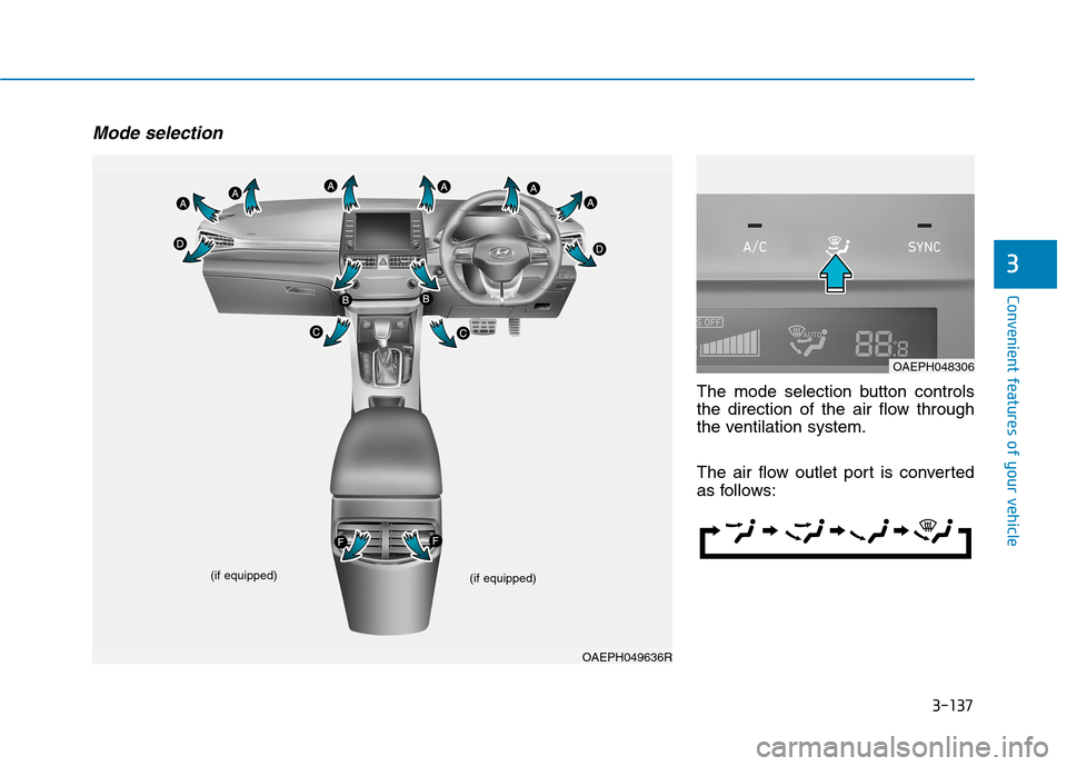 Hyundai Ioniq Hybrid 2020  Owners Manual - RHD (UK, Australia) 3-137
Convenient features of your vehicle
3
Mode selection
The mode selection button controls
the direction of the air flow through
the ventilation system.
The air flow outlet port is converted
as fol