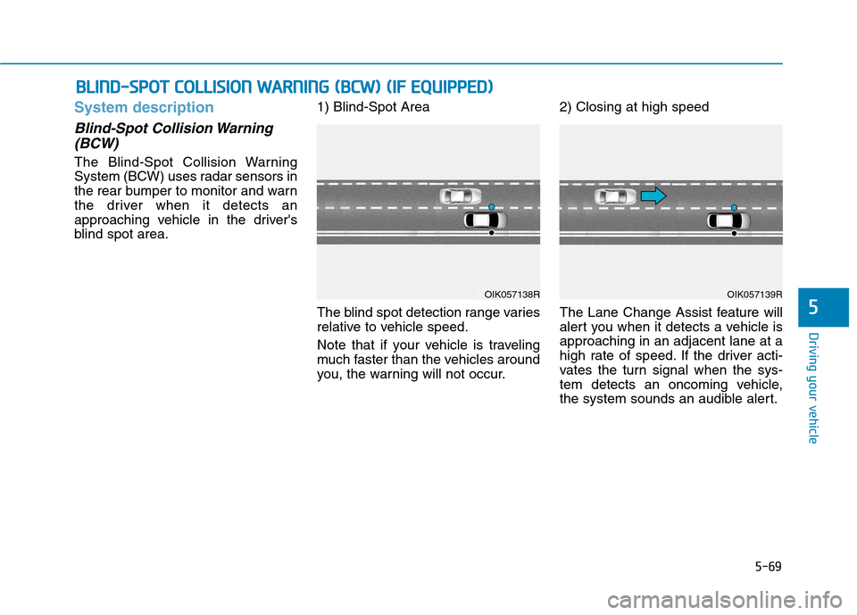 Hyundai Ioniq Hybrid 2020  Owners Manual - RHD (UK, Australia) 5-69
Driving your vehicle
System description
Blind-Spot Collision Warning
(BCW)
The Blind-Spot Collision Warning
System (BCW) uses radar sensors in
the rear bumper to monitor and warn
the driver when 