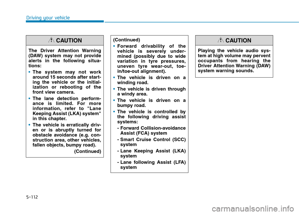 Hyundai Ioniq Hybrid 2020  Owners Manual - RHD (UK, Australia) 5-112
Driving your vehicle
The Driver Attention Warning
(DAW) system may not provide
alerts in the following situa-
tions:
The system may not work
around 15 seconds after start-
ing the vehicle or the