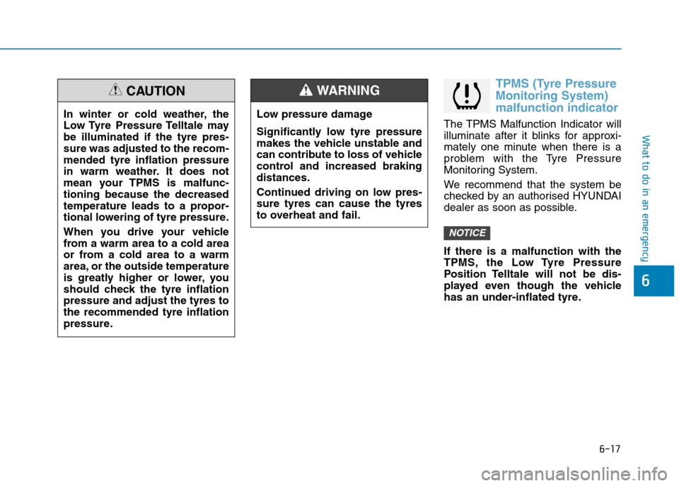 Hyundai Ioniq Hybrid 2020  Owners Manual - RHD (UK, Australia) 6-17
What to do in an emergency
TPMS (Tyre Pressure
Monitoring System)
malfunction indicator
The TPMS Malfunction Indicator will
illuminate after it blinks for approxi-
mately one minute when there is