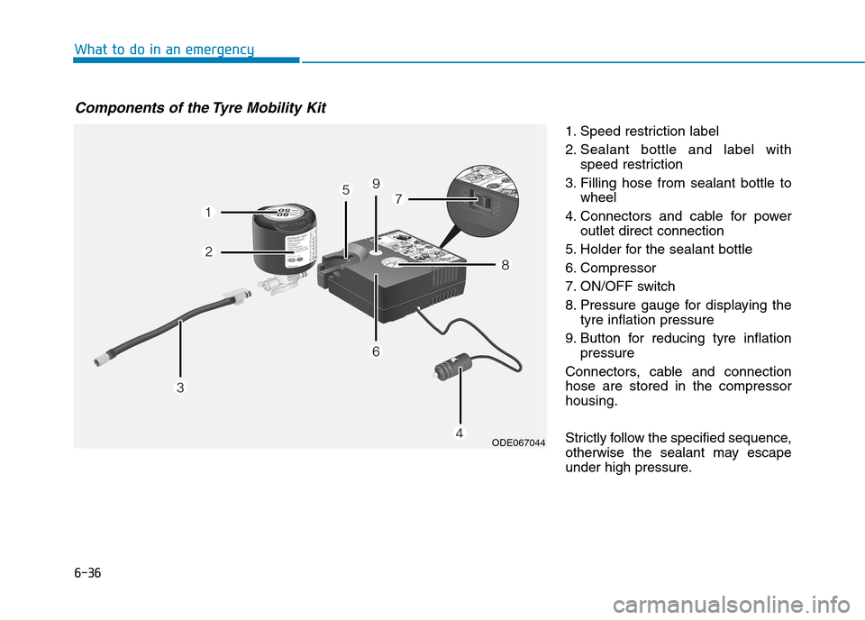 Hyundai Ioniq Hybrid 2020  Owners Manual - RHD (UK, Australia) 6-36
1. Speed restriction label
2. Sealant bottle and label with
speed restriction
3. Filling hose from sealant bottle to
wheel
4. Connectors and cable for power
outlet direct connection
5. Holder for
