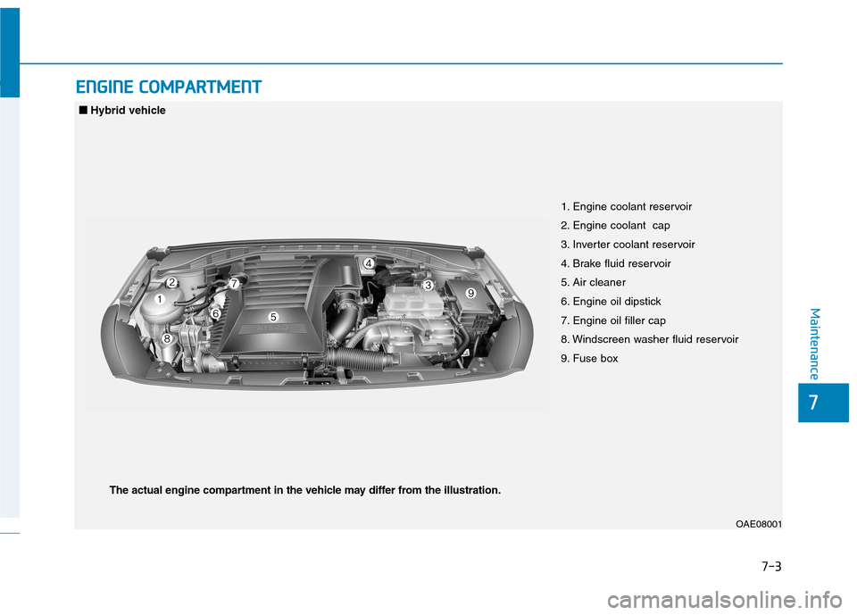 Hyundai Ioniq Hybrid 2020  Owners Manual - RHD (UK, Australia) 7-3
7
Maintenance
E EN
NG
GI
IN
NE
E 
 C
CO
OM
MP
PA
AR
RT
TM
ME
EN
NT
T 
 
1. Engine coolant reservoir
2. Engine coolant  cap
3. Inverter coolant reservoir
4. Brake fluid reservoir
5. Air cleaner
6. 