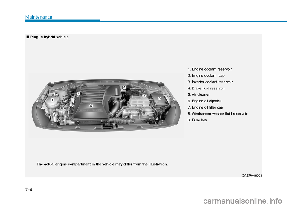 Hyundai Ioniq Hybrid 2020  Owners Manual - RHD (UK, Australia) 7-4
Maintenance
1. Engine coolant reservoir
2. Engine coolant  cap
3. Inverter coolant reservoir
4. Brake fluid reservoir
5. Air cleaner
6. Engine oil dipstick
7. Engine oil filler cap
8. Windscreen w