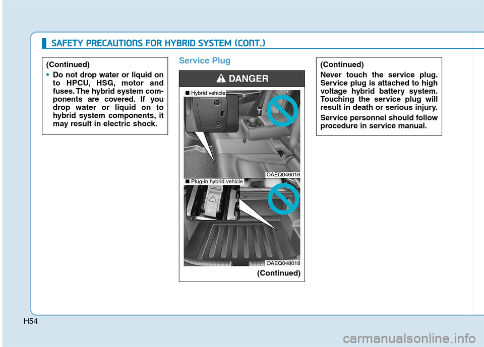 Hyundai Ioniq Hybrid 2020  Owners Manual - RHD (UK, Australia) H54
Service Plug
S SA
AF
FE
ET
TY
Y 
 P
PR
RE
EC
CA
AU
UT
TI
IO
ON
NS
S 
 F
FO
OR
R 
 H
HY
YB
BR
RI
ID
D 
 S
SY
YS
ST
TE
EM
M 
 (
(C
CO
ON
NT
T.
.)
)
(Continued)
Do not drop water or liquid on
to HPCU