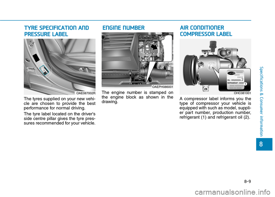 Hyundai Ioniq Hybrid 2020  Owners Manual - RHD (UK, Australia) 8-9
8
Specifications & Consumer information
The tyres supplied on your new vehi-
cle are chosen to provide the best
performance for normal driving.
The tyre label located on the drivers
side centre p