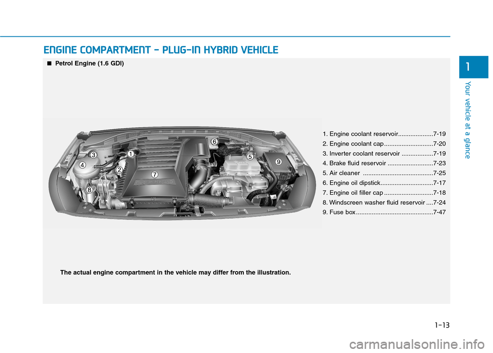 Hyundai Ioniq Hybrid 2020  Owners Manual - RHD (UK, Australia) 1-13
Your vehicle at a glance
1
E EN
NG
GI
IN
NE
E 
 C
CO
OM
MP
PA
AR
RT
TM
ME
EN
NT
T 
 -
- 
 P
PL
LU
UG
G-
-I
IN
N 
 H
HY
YB
BR
RI
ID
D 
 V
VE
EH
HI
IC
CL
LE
E
■ ■Petrol Engine (1.6 GDI)
1. Engi
