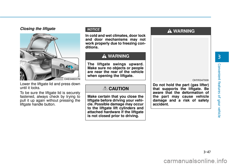 Hyundai Ioniq Hybrid 2019  Owners Manual 3-47
Convenient features of your vehicle
3
Closing the liftgate
Lower the liftgate lid and press down
until it locks.
To be sure the liftgate lid is securely
fastened, always check by trying to
pull i