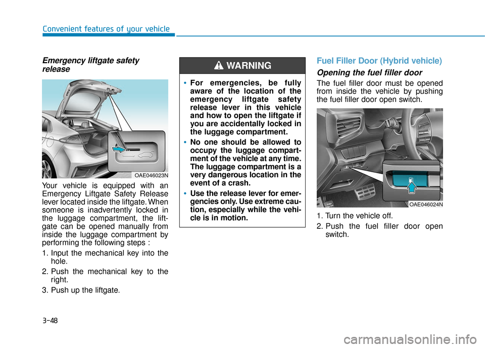 Hyundai Ioniq Hybrid 2019  Owners Manual 3-48
Convenient features of your vehicle
Emergency liftgate safetyrelease
Your vehicle is equipped with an
Emergency Liftgate Safety Release
lever located inside the liftgate. When
someone is inadvert