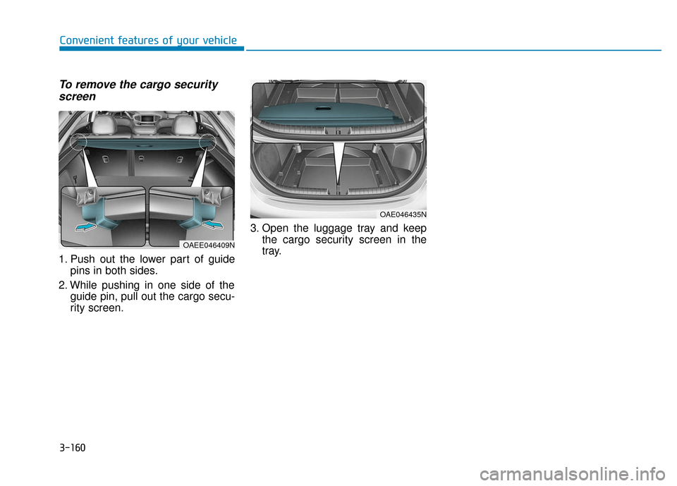 Hyundai Ioniq Hybrid 2019  Owners Manual 3-160
Convenient features of your vehicle
To remove the cargo securityscreen
1. Push out the lower part of guide
pins in both sides.
2. While pushing in one side of the guide pin, pull out the cargo s