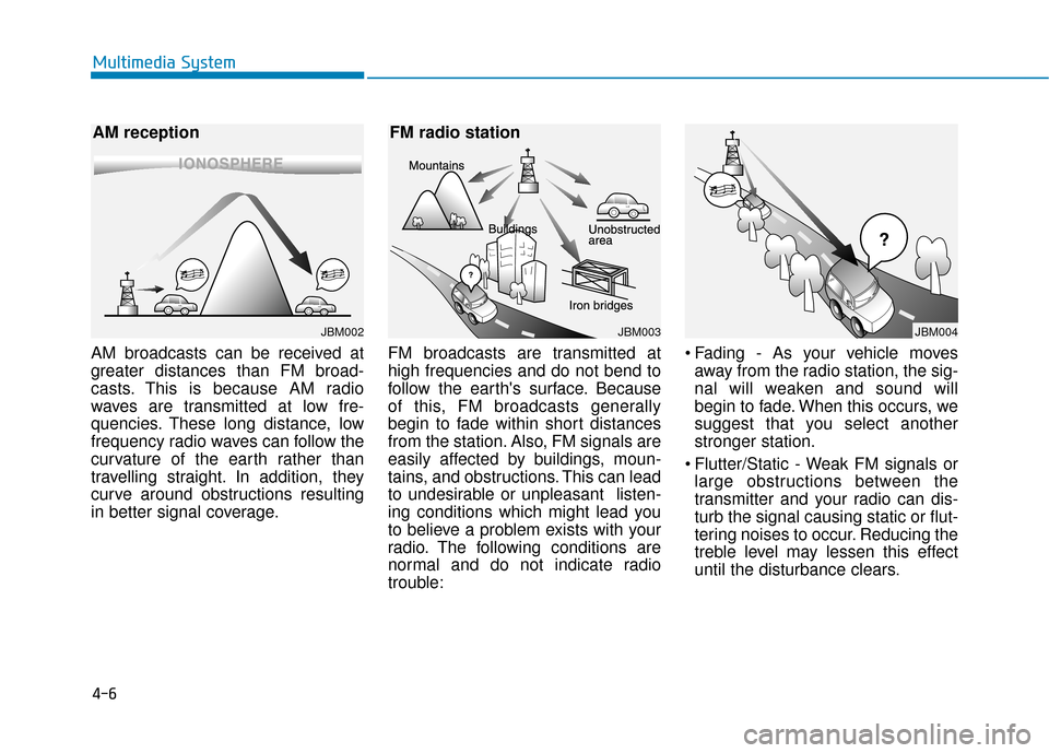 Hyundai Ioniq Hybrid 2019 Owners Manual AM broadcasts can be received at
greater distances than FM broad-
casts. This is because AM radio
waves are transmitted at low fre-
quencies. These long distance, low
frequency radio waves can follow Hyundai Ioniq Hybrid 2019 Owners Manual AM broadcasts can be received at
greater distances than FM broad-
casts. This is because AM radio
waves are transmitted at low fre-
quencies. These long distance, low
frequency radio waves can follow