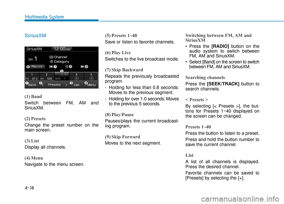 Hyundai Ioniq Hybrid 2019 Owners Manual 4-18
Multimedia System
SiriusXM
(1) Band
Switch between FM, AM and
SiriusXM.
(2) Presets
Change the preset number on the
main screen.
(3) List
Display all channels.
(4) Menu
Navigate to the menu scree Hyundai Ioniq Hybrid 2019 Owners Manual 4-18
Multimedia System
SiriusXM
(1) Band
Switch between FM, AM and
SiriusXM.
(2) Presets
Change the preset number on the
main screen.
(3) List
Display all channels.
(4) Menu
Navigate to the menu scree