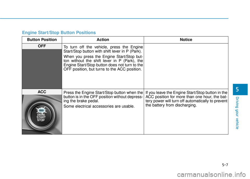 Hyundai Ioniq Hybrid 2019  Owners Manual 5-7
Driving your vehicle
5
Engine Start/Stop Button Positions
Button PositionAction Notice
OFF
To turn off the vehicle, press the Engine
Start/Stop button with shift lever in P (Park).
When you press 