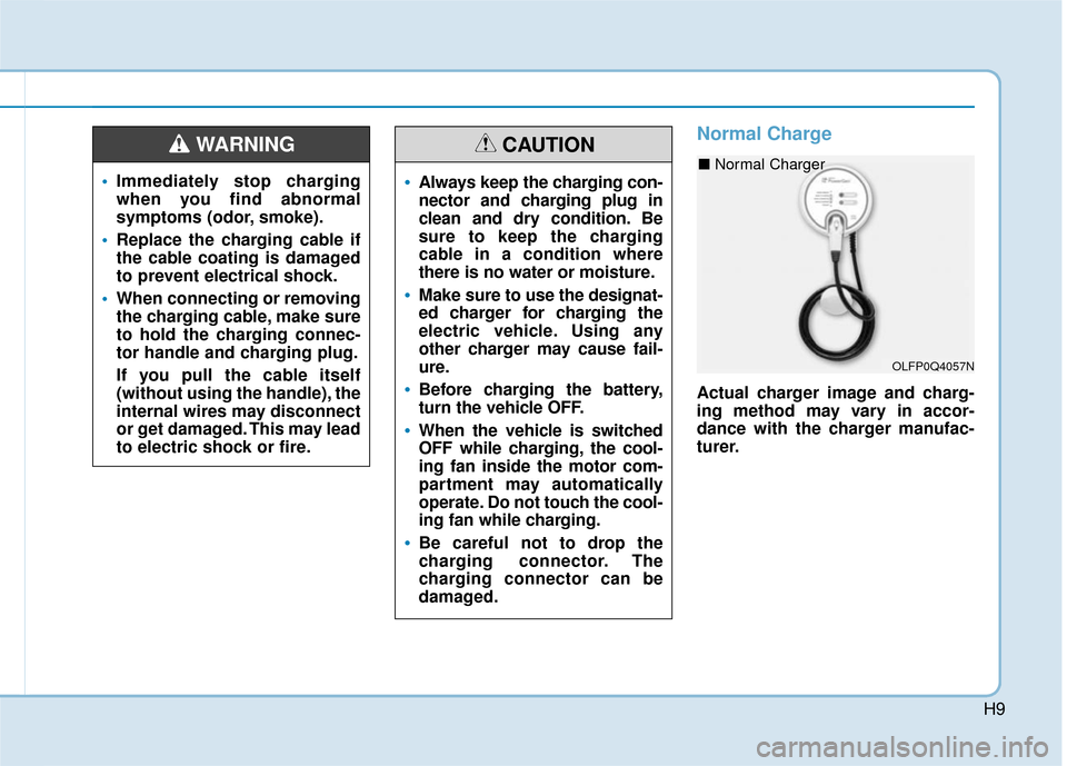 Hyundai Ioniq Hybrid 2019 Owners Manual H9
Normal Charge
Actual charger image and charg-
ing method may vary in accor-
dance with the charger manufac-
turer.
Immediately stop charging
when you find abnormal
symptoms (odor, smoke).
Replace Hyundai Ioniq Hybrid 2019 Owners Manual H9
Normal Charge
Actual charger image and charg-
ing method may vary in accor-
dance with the charger manufac-
turer.
Immediately stop charging
when you find abnormal
symptoms (odor, smoke).
Replace
