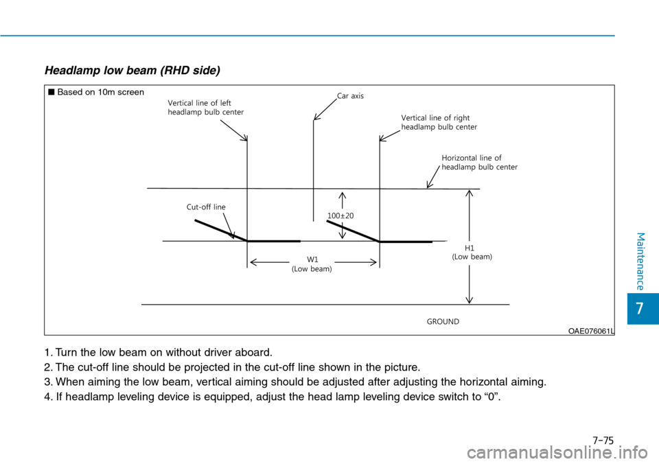 Hyundai Ioniq Hybrid 2018  Owners Manual 7-75
7
Maintenance
Headlamp low beam (RHD side) 
1. Turn the low beam on without driver aboard.
2. The cut-off line should be projected in the cut-off line shown in the picture.
3. When aiming the low