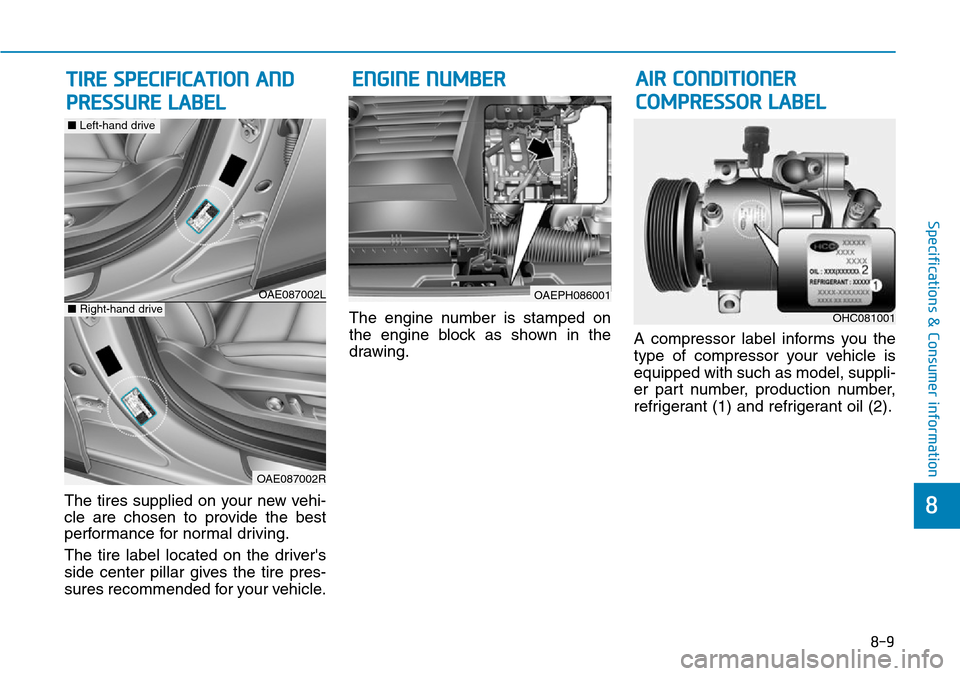 Hyundai Ioniq Hybrid 2018  Owners Manual 8-9
8
Specifications & Consumer information
The tires supplied on your new vehi-
cle are chosen to provide the best
performance for normal driving.
The tire label located on the drivers
side center p