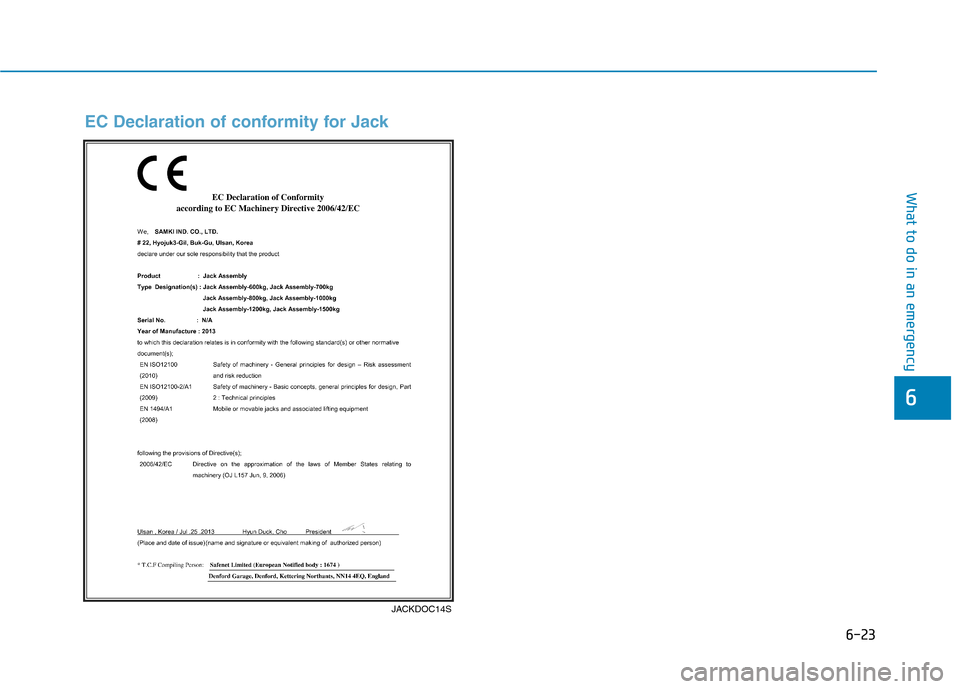 Hyundai Ioniq Hybrid 2017  Owners Manual 6-23
What to do in an emergency
6
JACKDOC14S
EC Declaration of conformity for Jack  