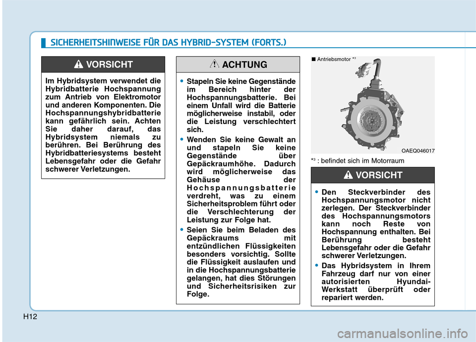 Hyundai Ioniq Hybrid 2017 Betriebsanleitung (in German) H12
*3
: befindet sich im Motorraum
OAEQ046017
■ Antriebsmotor * 3
Den Steckverbinder des
Hochspannungsmotor nicht
zerlegen. Der Steckverbinder
des Hochspannungsmotors
kann noch Reste von
Hochspan Hyundai Ioniq Hybrid 2017 Betriebsanleitung (in German) H12
*3
: befindet sich im Motorraum
OAEQ046017
■ Antriebsmotor * 3
Den Steckverbinder des
Hochspannungsmotor nicht
zerlegen. Der Steckverbinder
des Hochspannungsmotors
kann noch Reste von
Hochspan
