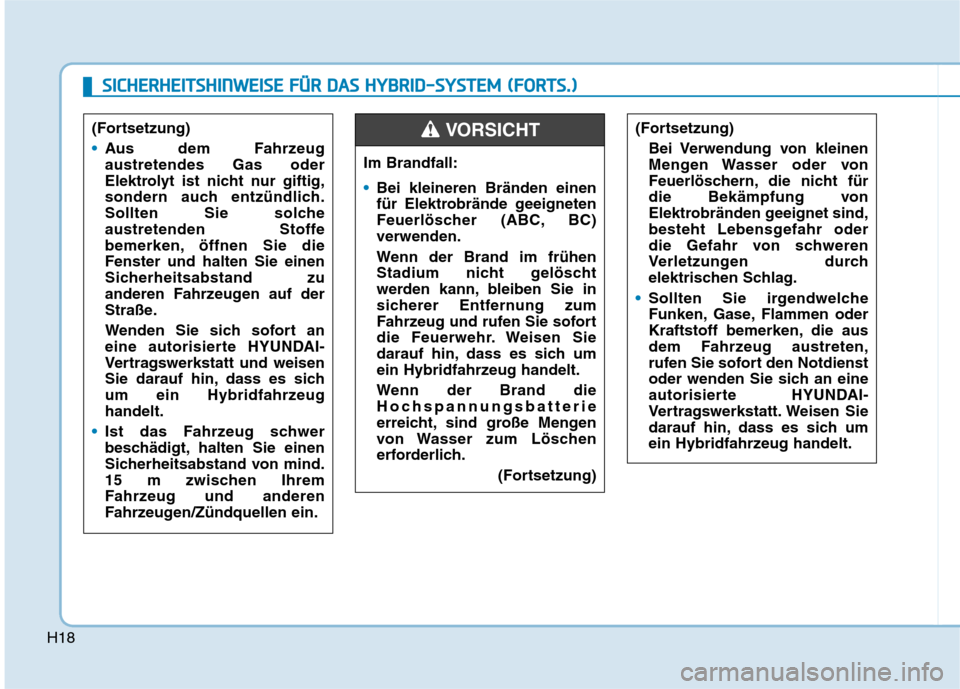 Hyundai Ioniq Hybrid 2017 Betriebsanleitung (in German) H18
SSIICC HH EERR HH EEIITT SSHH IINN WW EEIISS EE FF ÜÜ RR DD AA SS HH YY BBRRIIDD --SS YY SSTT EEMM (( FF OO RRTTSS..))
Im Brandfall:
Bei kleineren Bränden einen
für Elektrobrände geeig Hyundai Ioniq Hybrid 2017 Betriebsanleitung (in German) H18
SSIICC HH EERR HH EEIITT SSHH IINN WW EEIISS EE FF ÜÜ RR DD AA SS HH YY BBRRIIDD --SS YY SSTT EEMM (( FF OO RRTTSS..))
Im Brandfall:
Bei kleineren Bränden einen
für Elektrobrände geeig