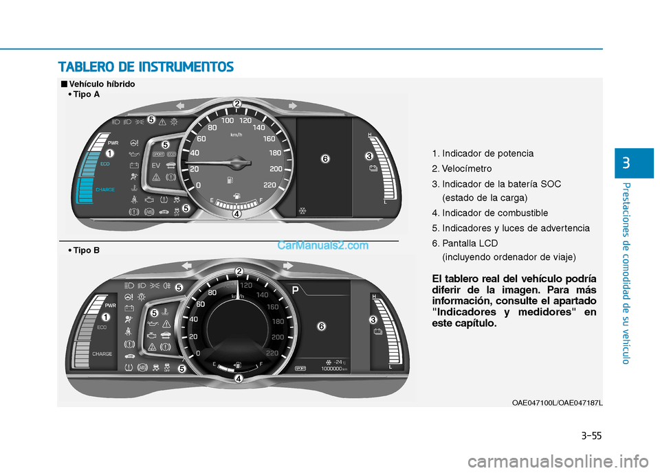 Hyundai Ioniq Hybrid 2017  Manual del propietario (in Spanish) 3-55
Prestaciones de comodidad de su vehículo 
3
TTAA BBLLEE RR OO   DD EE  IINN SSTT RR UU MM EENN TTOO SS
1. Indicador de potencia 
2. Velocímetro
3. Indicador de la batería SOC 
(estado de la ca