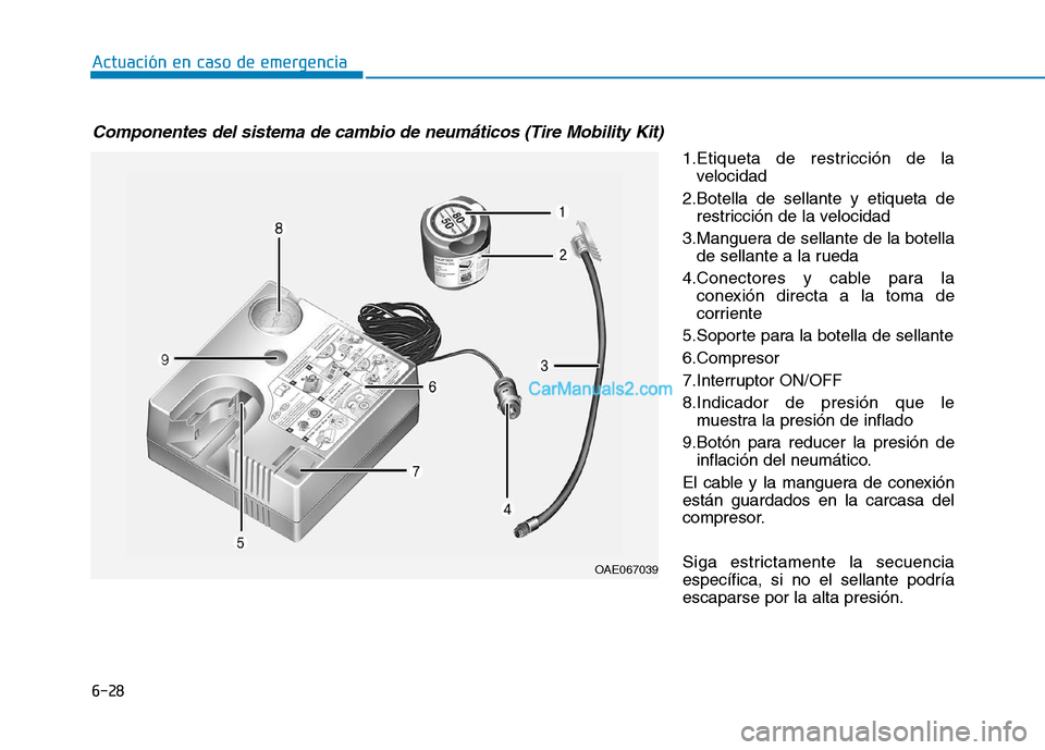 Hyundai Ioniq Hybrid 2017  Manual del propietario (in Spanish) 6-28
Actuación en caso de emergencia 
1.Etiqueta de restricción de lavelocidad
2.Botella de sellante y etiqueta de restricción de la velocidad
3.Manguera de sellante de la botella de sellante a la 