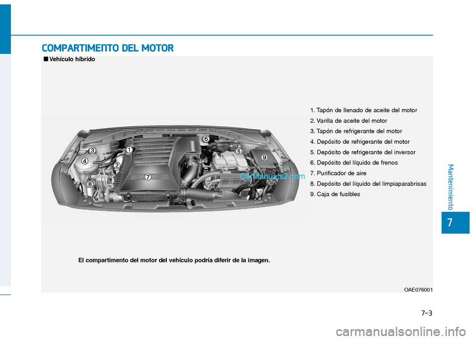 Hyundai Ioniq Hybrid 2017  Manual del propietario (in Spanish) 7-3
7
Mantenimiento
CCOO MM PPAA RRTTIIMM EENN TTOO   DD EELL  MM OOTTOO RR    
1. Tapón de llenado de aceite del motor 
2. Varilla de aceite del motor
3. Tapón de refrigerante del motor
4. Depósit