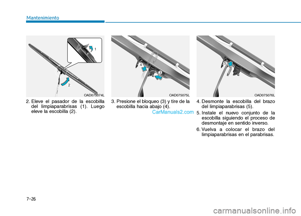 Hyundai Ioniq Hybrid 2017  Manual del propietario (in Spanish) 7-26
Mantenimiento
2. Eleve el pasador de la escobilladel limpiaparabrisas (1). Luego 
eleve la escobilla (2). 3. Presione el bloqueo (3) y tire de la
escobilla hacia abajo (4). 4. Desmonte la escobil