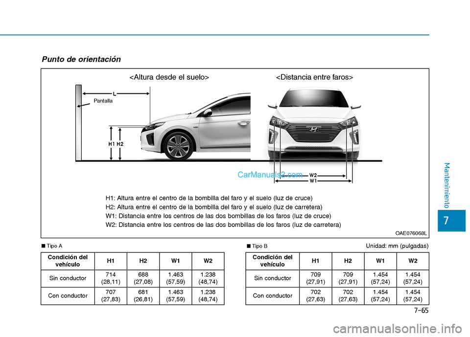 Hyundai Ioniq Hybrid 2017  Manual del propietario (in Spanish) 7-65
7
Mantenimiento
Unidad: mm (pulgadas)
Punto de orientación 
OAE076068L
H1: Altura entre el centro de la bombilla del faro y el suelo (luz de cruce) 
H2: Altura entre el centro de la bombilla del