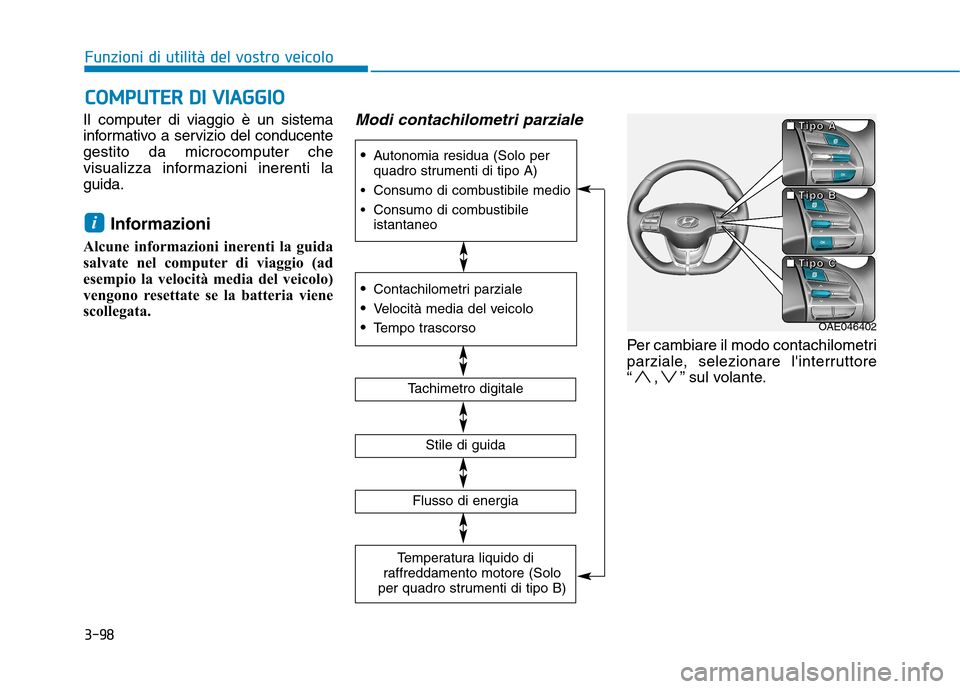 Hyundai Ioniq Hybrid 2017  Manuale del proprietario (in Italian) 3-98
Funzioni di utilità del vostro veicoloC
C OO MM PPUU TTEERR   DD II   VV IIAA GG GG IIOO
Il computer di viaggio è un sistema 
informativo a servizio del conducentegestito da microcomputer che
v