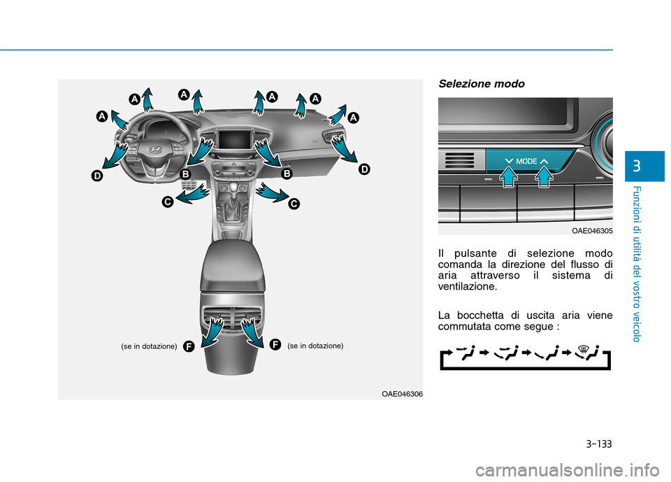 Hyundai Ioniq Hybrid 2017  Manuale del proprietario (in Italian) 3-133
Funzioni di utilità del vostro veicolo
3
Selezione modo
Il pulsante di selezione modo comanda la direzione del flusso di
aria attraverso il sistema di
ventilazione. 
La bocchetta di uscita aria