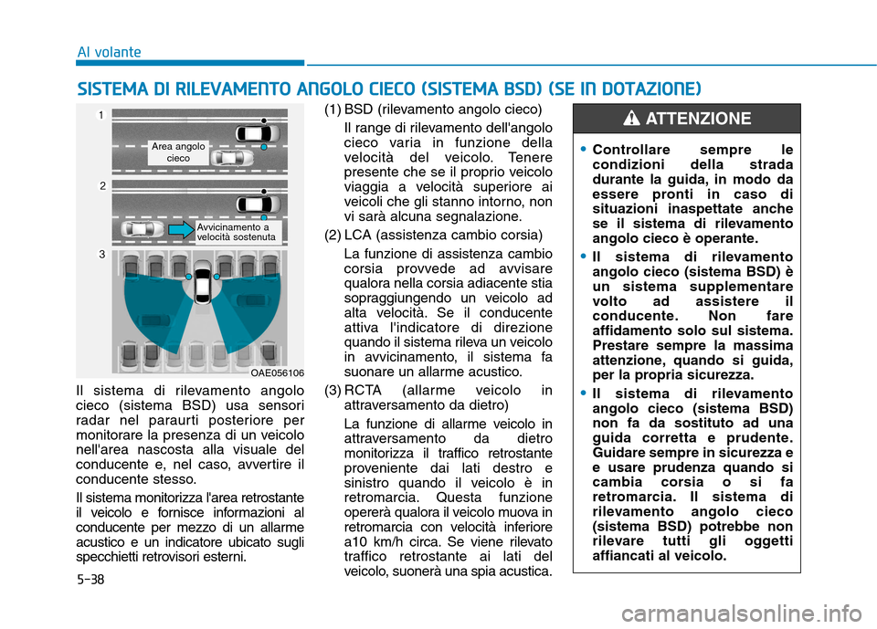 Hyundai Ioniq Hybrid 2017  Manuale del proprietario (in Italian) 5-38
Al volante
Il sistema di rilevamento angolo 
cieco (sistema BSD) usa sensori
radar nel paraurti posteriore per
monitorare la presenza di un veicolonellarea nascosta alla visuale del
conducente e