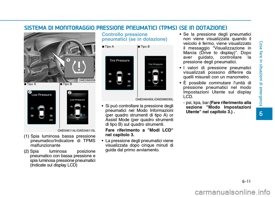 Hyundai Ioniq Hybrid 2017  Manuale del proprietario (in Italian) 6-11
Cosa fare in situazioni di emergenza
6
(1) Spia luminosa bassa pressionepneumatico/Indicatore di TPMS malfunzionante 
(2) Spia  lumi nosa posizione
pneumatico con bassa pressione espia luminosa p