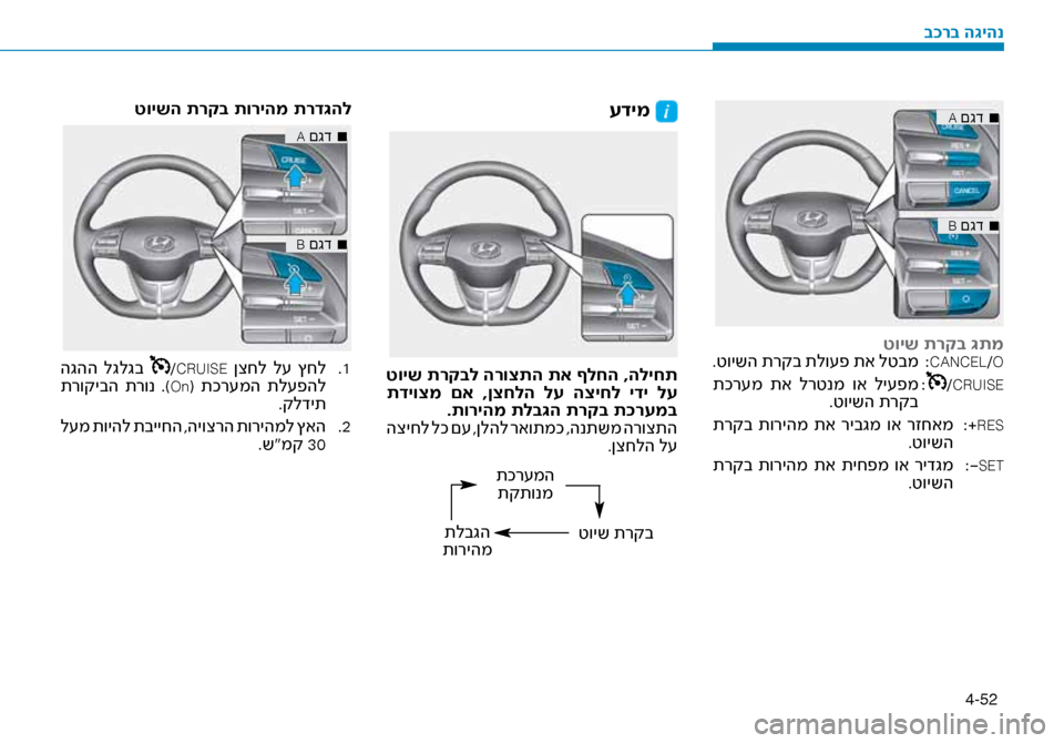 Hyundai Ioniq Hybrid 2017  הוראות תפעול לנהג 4-52
■
 
A םגד
■
 
B םגד
טויש תרקב \bתמ
.טוישה תרקב תלו\fפ תא לטבמ  
:CANCEL/O
 תכר\fמ  תא  לרטנמ  וא  לי\fפמ  
:/CRUISE.טוישה תרקב
 ת