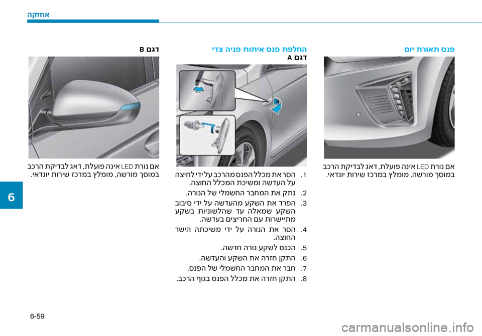 Hyundai Ioniq Hybrid 2017  הוראות תפעול לנהג 6-59
םוי תרואת סנפ
 בכרה תקידבל גאד ,תל\fופ הניא LED תרונ םא
.יאדנוי תוריש זכרמב ץל\זמומ ,השרומ ך\bומב
ידצ הינפ תותיא 