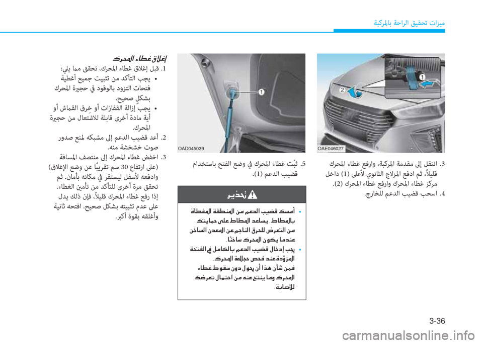 Hyundai Ioniq Hybrid 2017  دليل المالك 3-36
ﺔﺒﻛﺮﳌﺎﺑ ﺔﺣاﺮﻟا ﻖﻴﻘﺤﺗ تاﺰﻴﻣ
OAE046027 OAD045039
 كﺮﺤﳌا ءﺎﻄﻏ ﻊﻓراو ،ﺔﺒﻛﺮﳌا ﺔﻣﺪﻘﻣ ﱃإ ﻞﻘﺘﻧا  .3
 ﻞ