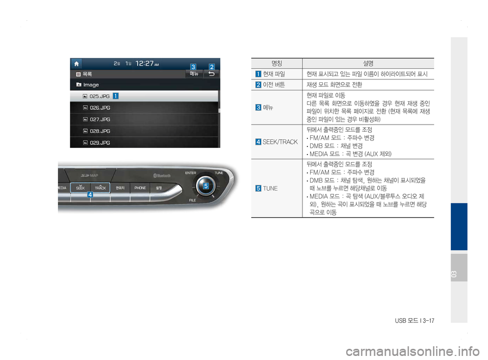 Hyundai Ioniq Hybrid 2016  ONIQ hybrid 표준4 내비게이션 (in Korean) USB 모드 I 3-17
명칭설명
 현재 파일현재 표시되고 있는 파일 이름이 하이라이트되어 표시
 이전 버튼재생 모드 화면으로 전환
 메뉴
현재 파일로 이동 
