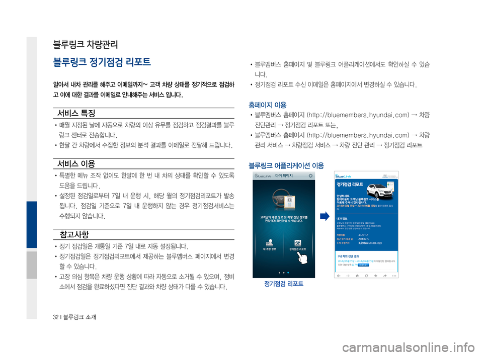 Hyundai Ioniq Hybrid 2015  IONIQ hybrid 표준4 내비게이션 (in Korean) 32 I 블루링크 소개
블루링크 정기점검 리포트
알아서  내차  관리를  해주고  이메일까지~  고객  차량  상태를  정기적으로  점검하
고 이에 대한 결과