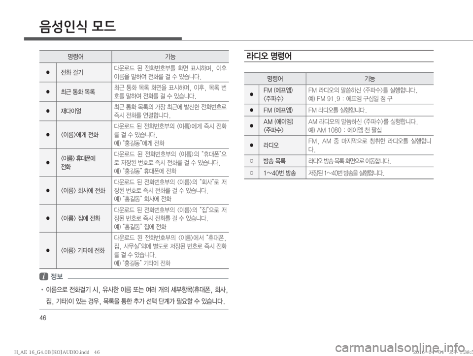 Hyundai Ioniq Hybrid 2015  IONIQ hybrid 표준4 오디오(B) (in Korean) ��
음성인식 모드
zø	¯ÝÞ
� 
y
�fÝ 