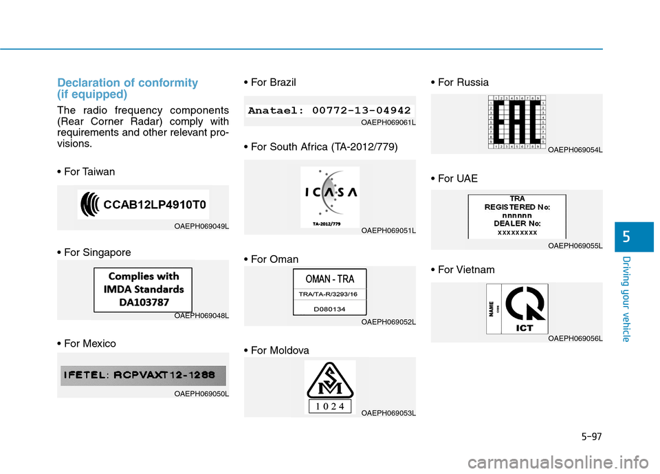 Hyundai Ioniq Plug-in Hybrid 2020  Owners Manual 5-97
Driving your vehicle
5
Declaration of conformity 
(if equipped)
The radio frequency components
(Rear Corner Radar) comply with
requirements and other relevant pro-
visions.








OAEPH069049L
O