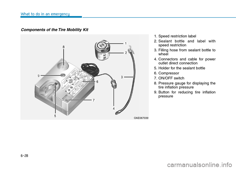 Hyundai Ioniq Plug-in Hybrid 2020  Owners Manual 6-28
What to do in an emergency
1. Speed restriction label
2. Sealant bottle and label with
speed restriction
3. Filling hose from sealant bottle to
wheel
4. Connectors and cable for power
outlet dire